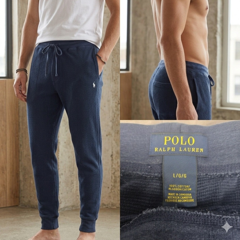 Polo Ralph Lauren Mens‎ Navy Blue Waffle Knit Thermal Jogger Pants Large L